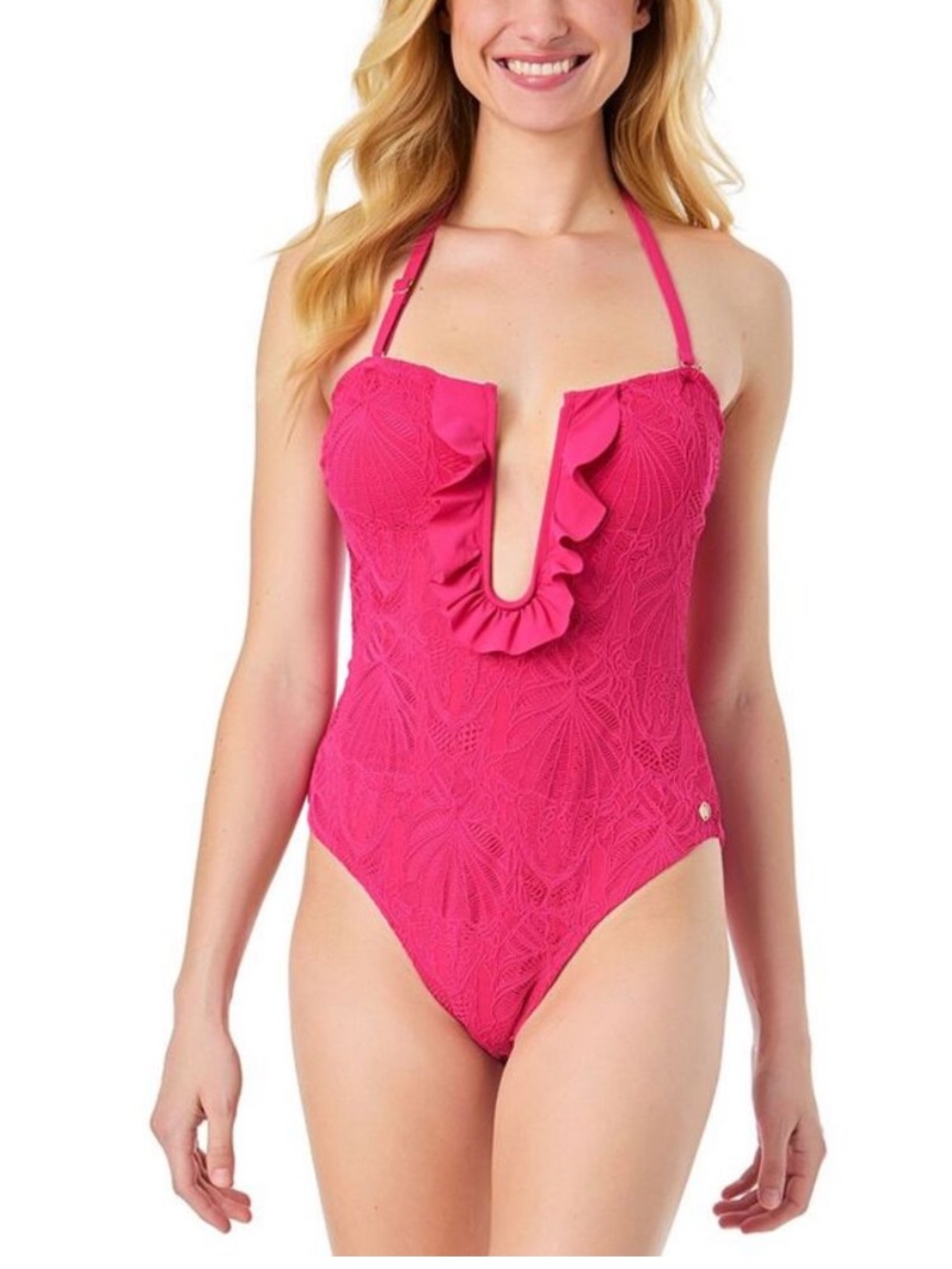 CeCe La Vie A La Mer Fuchsia Lace Ruffle Halter Neck One Piece Swimsuit NWT Sz 8